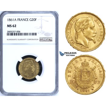 ZG64, France, Napoleon III, 20 Francs 1861-A, Paris, Gold, NGC MS62