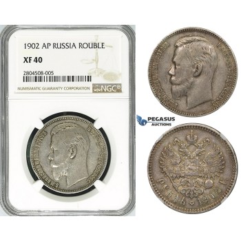 ZG75, Russia, Nicholas II, Rouble 1902 (AP) St. Petersburg, Silver, NGC XF40, Rare