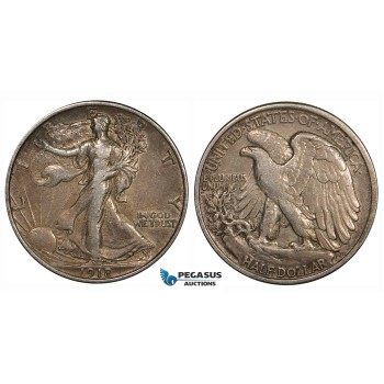 ZG95, United States, Walking Liberty Half Dollar (50C) 1918, Philadelphia, Silver, Toned VF-XF
