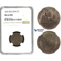 ZG98, Belgium, Leopold I, 2 Centimes 1836, NGC MS62BN (No dot) ZG98, Belgium, Leopold I, 2 Centimes 1836, NGC MS62BN (No dot)
