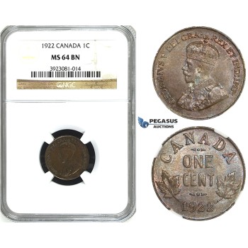 ZG99, Canada, George V, 1 Cent 1922, NGC MS64BN, Rare!