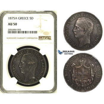 ZH26, Greece, George I, 5 Drachmai 1875-A, Paris, Silver, NGC AU50