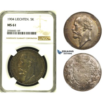 ZH42, Liechtenstein, Johann II, 5 Kronen 1904, Vienna, Silver, NGC MS61