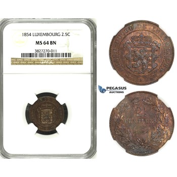 ZH43, Luxembourg, William III, 2 1/2 Centimes 1854, Brussels, NGC MS64BN