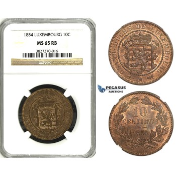 ZH44, Luxembourg, William III, 10 Centimes 1854, Brussels, NGC MS65RB Pop 1/0, Finest!