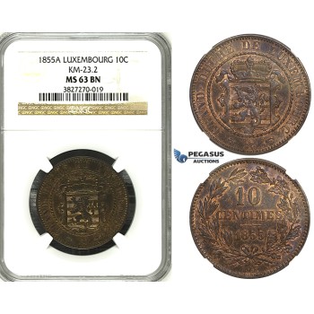 ZH45, Luxembourg, William III, 10 Centimes 1855-A, Paris, NGC MS63BN