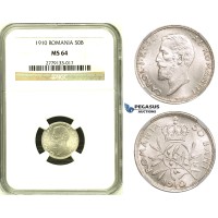ZH57, Romania, Carol I, 50 Bani 1910, Silver, NGC MS64