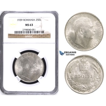 ZH70, Romania, Carol II, 250 Lei 1939, Silver, NGC MS63