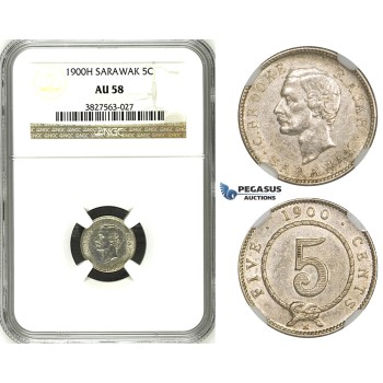 ZH78, Sarawak, C. Brooke Rajah, 5 Cents 1900-H, Heaton, Silver, NGC AU58