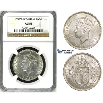 ZH84, Southern Rhodesia, George VI, 1/2 Crown 1939, Silver, NGC AU55