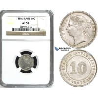 ZH87, Straits Settlements, Victoria, 10 Cents 1888, Silver, NGC AU58