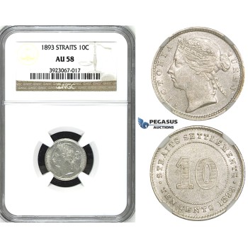 ZH88, Straits Settlements, Victoria, 10 Cents 1893, Silver, NGC AU58