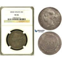 ZH90, Straits Settlements, Victoria, 50 Cents 1890-H, Heaton, Silver, NGC VF25