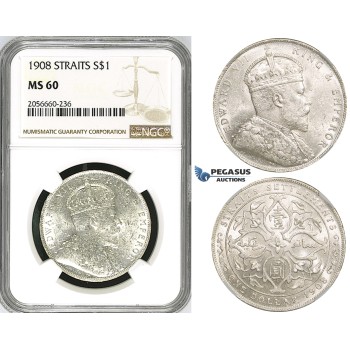 ZH91, Straits Settlements, Edward VII, Dollar 1908, Silver, NGC MS61