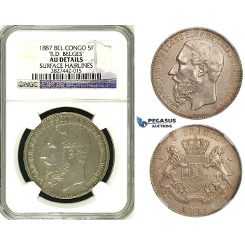 ZI03, Belgian Congo, Leopold II, 5 Francs 1887, Silver R.D. Belges NGC AU (Looks UNC)