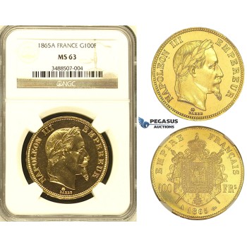 ZI06, France, Napoleon III, 100 Francs 1865-A, Paris, Gold, NGC MS63 (Prooflike fields)