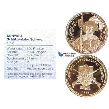 ZI12, Switzerland, Schwyz, 500 Francs 1998, Huguenin, Le Locle, Gold, Mintage 98pcs. Ch Proof, COA+Box