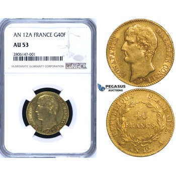 ZI18, France, Napoleon I, 40 Francs AN 12-A, Paris, Gold, NGC AU53