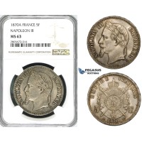 ZI19, France, Napoleon III, 5 Francs 1870-A, Paris, Silver, NGC MS63