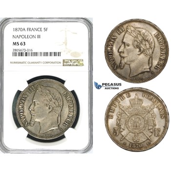 ZI19, France, Napoleon III, 5 Francs 1870-A, Paris, Silver, NGC MS63