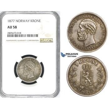 ZI24, Norway, Oscar II, 1 Krone 1877, Kongsberg, Silver, NGC AU58 (Fine toning!)