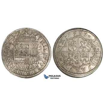ZI27, Spain, Felipe II, 8 Reales 1589, Segovia, Silver (27.42g) Cal. 203, Lustrous aEF, Rare!