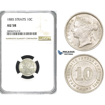ZI29, Straits Settlements, Victoria, 10 Cents 1885, Silver, NGC AU58