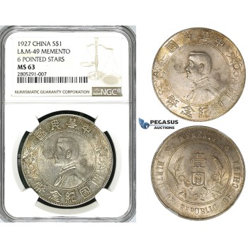 ZI32, China Memento Dollar 1927, Silver, NGC MS63