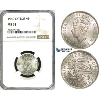 ZI35, Cyprus, George VI, 9 Piastres 1940, London, Silver, NGC MS62