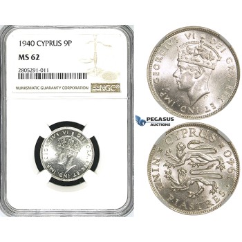 ZI36, Cyprus, George VI, 9 Piastres 1940, London, Silver, NGC MS62
