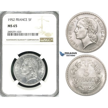 ZI42, France, Fourth Republic, 5 Francs 1952, Paris, NGC MS65, Pop 1/0, Finest! Rare!