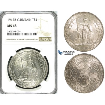 ZI52, Great Britain, Trade Dollar 1912-B, Bombay, Silver, NGC MS63
