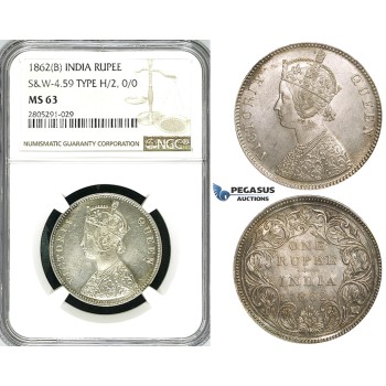 ZI55, India (British) Victoria, Rupee 1862(B), Bombay, Silver, S&W 4.59, Type H/2, 0/0, NGC MS63