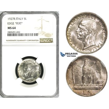 ZI56, Italy,  Vit. Manuele III, 5 Lire 1927-R, Rome, Silver, NGC MS64