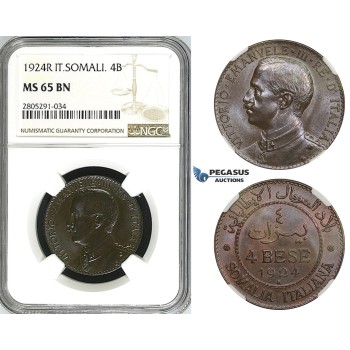 ZI59, Italian Somaliland, Vit. Emanuele III, 4 Bese 1924-R, Rome, NGC MS65BN, Pop 1/0, Finest! Rare!
