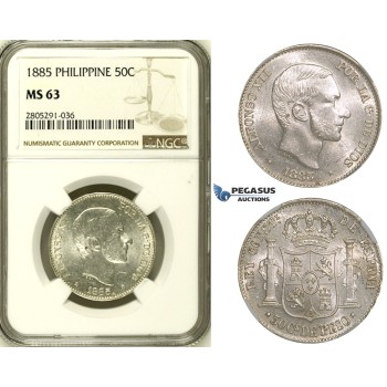 ZI62, Philippines (Spanish) Alfonso XII, 50 C. de Peso 1885, Silver, NGC MS63