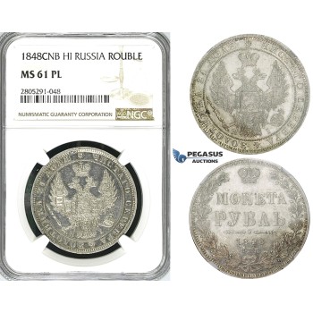 ZI73, Russia, Nicholas I, Rouble 1848 СПБ-HI, St. Petersburg, Silver, NGC MS61 PL (Prooflike)