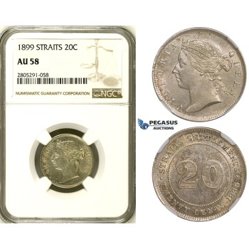 ZI79, Straits Settlements, Victoria, 20 Cents 1899, Silver, NGC AU58