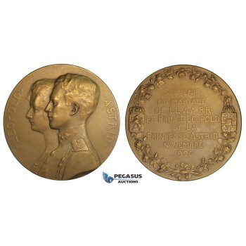 ZI87, Belgium, Bronze Medal 1926 (Ø69mm, 120.5g) by Devreese, Leopold & Astrid of Sweden Wedding