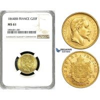ZI91, France, Napoleon III, 20 Francs 1864-BB Large "BB" Strasbourg, Gold, NGC MS61, Rare!