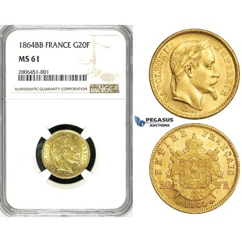 ZI91, France, Napoleon III, 20 Francs 1864-BB Large BB Strasbourg, Gold, NGC MS61, Rare!