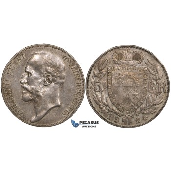 ZI95, Liechtenstein, Johann II, 5 Francs 1924, Bern, Silver, Toned XF-AU