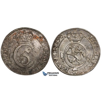 ZI96, Norway, Christian V, Krone (4 Mark) 1670 F-G, Christiania, Silver (20.69g) Spotted Toning, gVF