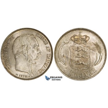 ZJ10, Denmark, Christian IX, 2 Kroner 1876, Copenhagen, Silver, Lustrous & Toned UNC