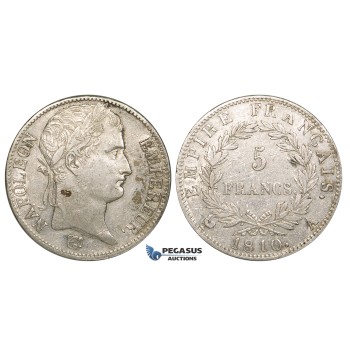 ZJ21, France, Napoleon I, 5 Francs 1810-A, Paris, Silver, Cleaned VF, some spots