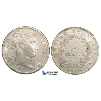 ZJ22, France, Napoleon I, 5 Francs 1810-A, Paris, Silver, Cleaned aXF, minor scratch
