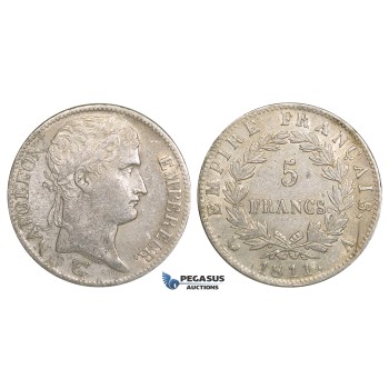 ZJ23, France, Napoleon I, 5 Francs 1811-A, Paris, Silver, VF, Obv. corrosion