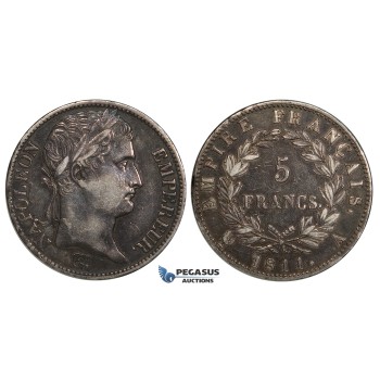 ZJ24, France, Napoleon I, 5 Francs 1811-A, Paris, Silver, Toned VF
