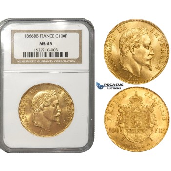 ZJ25, France, Napoleon III, 100 Francs 1866-BB, Strasbourg, Gold, NGC MS63, Rare!