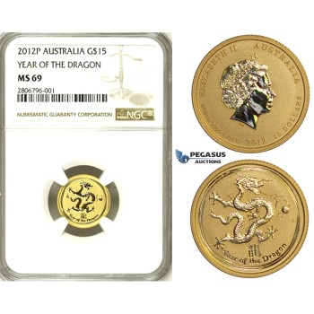 ZJ33, Australia, Lunar Dragon 15 Dollar 2012-P, Perh, 1/10 Oz.999, Gold, NGC MS69